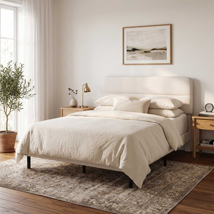 Linen-Look Double Bed 140 x 200 cm with Horizontal Headboard, Beige, 12 Slats