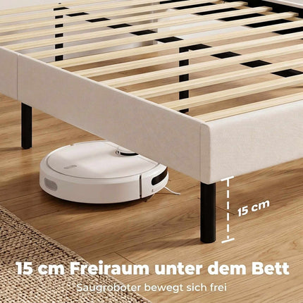 Linen-Look Double Bed 140 x 200 cm with Horizontal Headboard, Beige, 12 Slats
