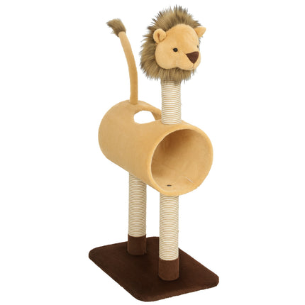 Lion Design Cat Tree 104 cm with Tunnel and Hanging Tail, Light Brown
