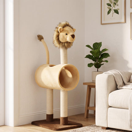 Lion Design Cat Tree 104 cm with Tunnel and Hanging Tail, Light Brown