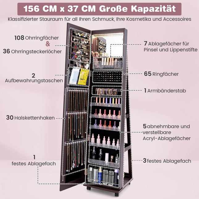 Rakinama papuošalų spintelė su veidrodžiu, LED, reguliuojamomis lentynomis