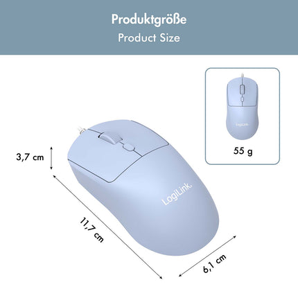 LogiLink optinė vaikiška USB pelė su 1200–2400 DPI, mėlyna, USB-A, 150 cm laidas