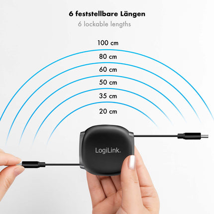LogiLink ištraukiamas USB-C laidas 1 m, 60 W greito įkrovimo, juodas