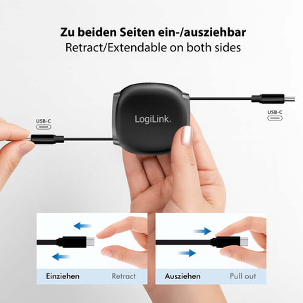 LogiLink ištraukiamas USB-C laidas 1 m, 60 W greito įkrovimo, juodas