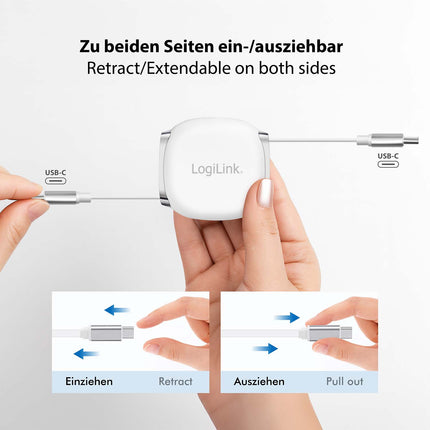 LogiLink ištraukiamas USB-C laidas 1 m, 60 W greito įkrovimo, baltas