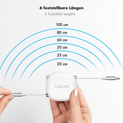 LogiLink ištraukiamas USB-C laidas 1 m, 60 W greito įkrovimo, baltas