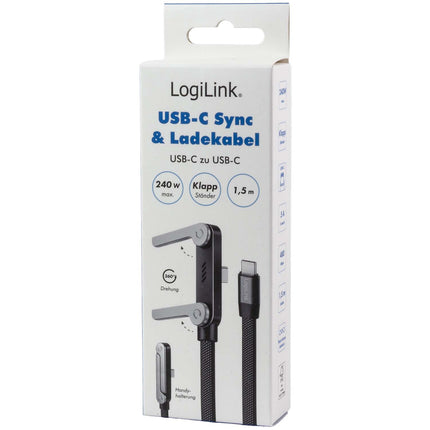 LogiLink USB-C laidas su įmontuotu telefono stovu, 240 W PD, 1,5 m, juodas