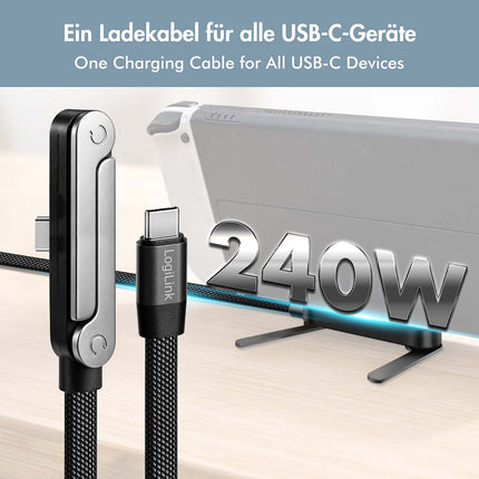 LogiLink USB-C laidas su įmontuotu telefono stovu, 240 W PD, 1,5 m, juodas