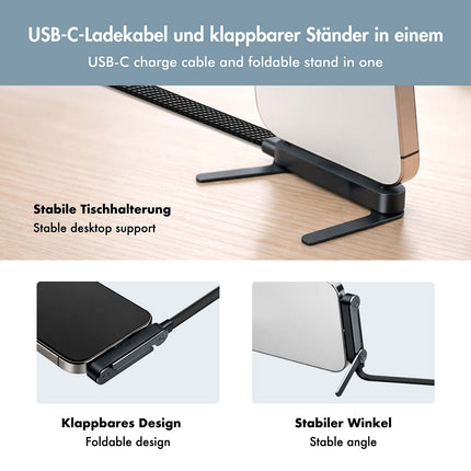 LogiLink USB-C laidas su įmontuotu telefono stovu, 240 W PD, 1,5 m, juodas