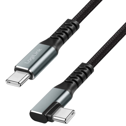 LogiLink USB-C į USB-C kabelis, 1 m, 90° kampu, 100 W PD, pilkas/juodas, 4K 60Hz