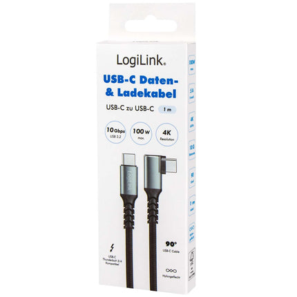 LogiLink USB-C į USB-C kabelis, 1 m, 90° kampu, 100 W PD, pilkas/juodas, 4K 60Hz