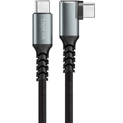 LogiLink USB-C į USB-C kabelis, 1 m, 90° kampu, 100 W PD, pilkas/juodas, 4K 60Hz