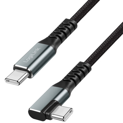 LogiLink USB-C į USB-C kabelis, 2 m, 90° kampu, 100 W PD, pilkas/juodas, 4K 60Hz