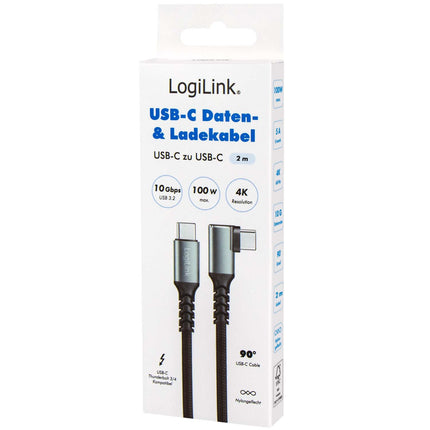 LogiLink USB-C į USB-C kabelis, 2 m, 90° kampu, 100 W PD, pilkas/juodas, 4K 60Hz