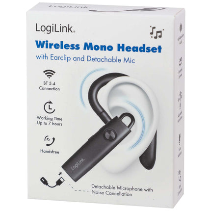 LogiLink belaidės monofoninės Bluetooth ausinės su nuimamu mikrofonu, juodos
