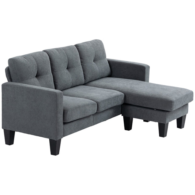 L formos kampinė sofa su šezlongu, kurį galima pritvirtinti iš abiejų pusių, minkšta sofa, tamsiai pilka