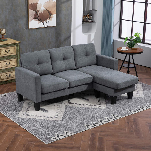 L formos kampinė sofa su šezlongu, kurį galima pritvirtinti iš abiejų pusių, minkšta sofa, tamsiai pilka