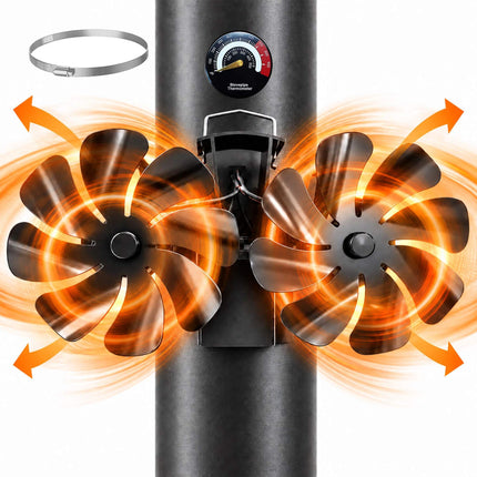 Magnetic Dual-Motor Stove Fan for Flue Pipes, 16 Blades, Thermometer Included