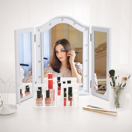 Makiažo veidrodėlis su 16 LED lempučių, sulankstomas, maitinamas baterijomis, baltas