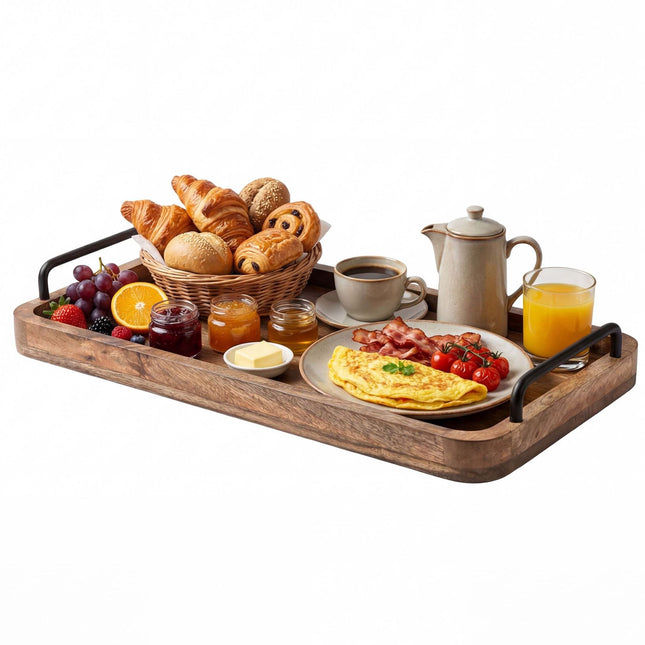 Mango medienos serviravimo padėklas su metalinėmis rankenomis, 50x25 cm
