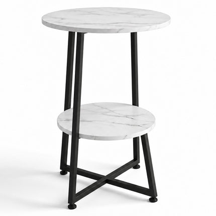 Marble-Effect Side Table with 2 Tiers and Cross Frame, Round, White, Black