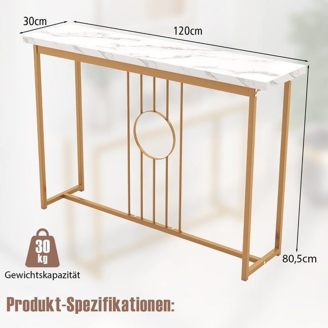 Marmuro imitacijos konsolinis staliukas su metaliniu rėmu ir reguliuojamais kojų paminkštinimais. Siauras šoninis staliukas.