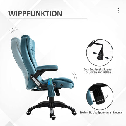 Masažinis krėslas, vadovo krėslas su masažo funkcija, reguliuojamo aukščio pasukama krėslas, ergonomiška žaidimų krėslas, biuro krėslas, mėlynas, 67 x 74 x 107-116 cm