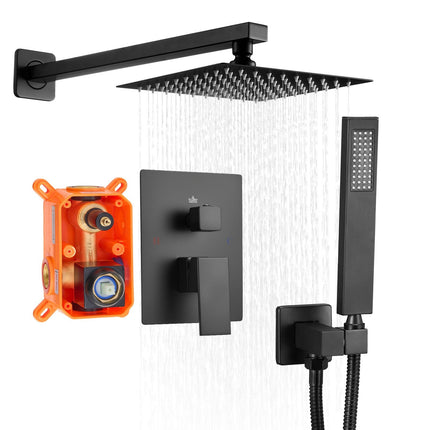 Matte Black Shower Faucet Set, 8-Inch Square Rain Head, Handheld