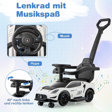 „Mazerati“ vairuojamas automobilis su apsauginiu strypu ir stūmimo rankena, baltas