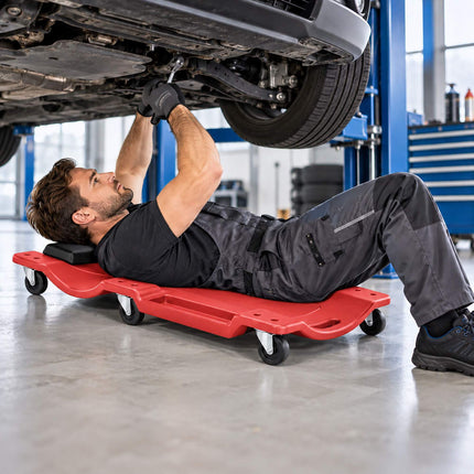 Mechanic's Creeper 150 kg with Padded Headrest, 6 Castors, Red