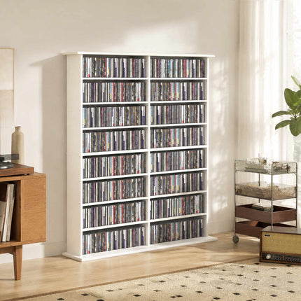 Media Shelf with 16 Compartments for Up to 720 CDs, 12 Adjustable Shelves, White