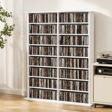 Media Shelf with 16 Compartments for Up to 720 CDs, 12 Adjustable Shelves, White