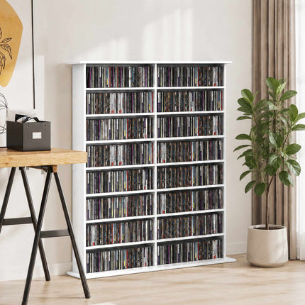 Media Shelf with 16 Compartments for Up to 720 CDs, 12 Adjustable Shelves, White