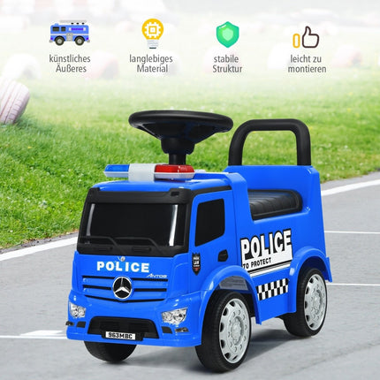 „Mercedes Benz“ vaikiškas policijos automobilis su daiktadėže, garso signalu, sirena, švilpuku ir įspėjamąja lempute