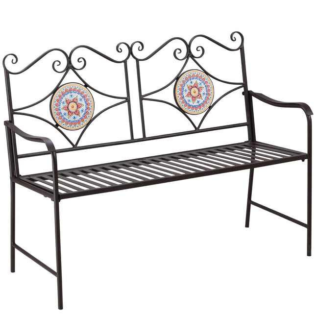 Metalinis sodo suoliukas, dvivietis parko suoliukas su atlošu, porankiu, suoliukas su mozaikiniais akmenimis, maks. 220 kg, rudas, 121 x 52 x 93 cm