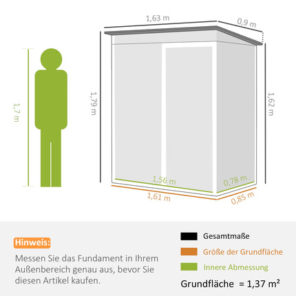 Metal Garden Shed 1.37 m² Lockable with Vents and Pent Roof, 163 x 90 x 179 cm