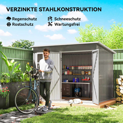 Metal Garden Shed 260 x 177 x 190 cm with Window, Wide Lockable Door, Light Grey