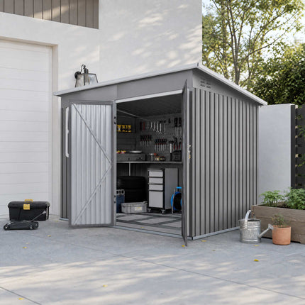 Metal Garden Shed 260 x 177 x 190 cm with Window, Wide Lockable Door, Light Grey
