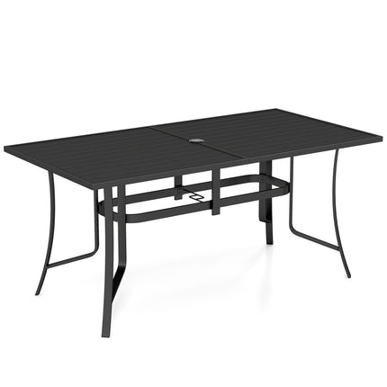 Metalinis terasos valgomojo stalas 63 x 33, 6 sėdimos vietos, skylė skėčiui