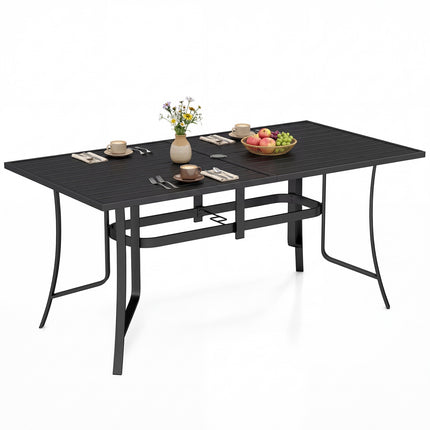 Metalinis terasos valgomojo stalas 63 x 33, 6 sėdimos vietos, skylė skėčiui