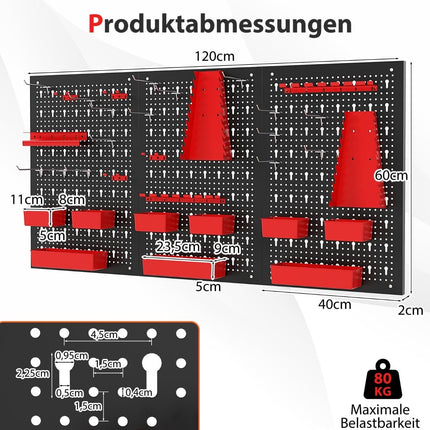 Metalinė įrankių sienelė su 9 daiktadėžėmis ir laikikliais, raudona