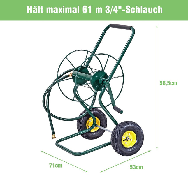 Metalinis žarnos vežimėlis su 2 pneumatinėmis padangomis ir alkūniniu velenu 61M 3/4" žarnai, žalias