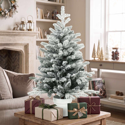 Mini Christmas Tree 90 cm with 296 Tips and Snow Effect, Green, White Pot