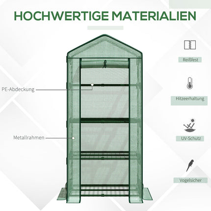 Mini greenhouse with foil cover, roller door, 4 shelves