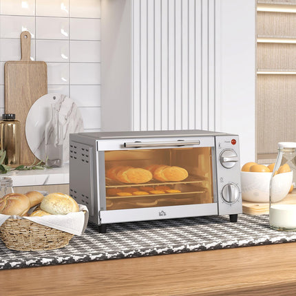 Mini orkaitė 9 l mini orkaitė su kepimo skarda, grotelėmis, 100 °C-230 °C, su reguliuojama temperatūra ir kepimo laiku, 60 min. laikmatis, 750 W, nerūdijančio plieno, sidabro spalvos
