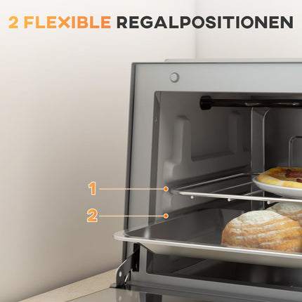 Mini orkaitė 9 l mini orkaitė su kepimo skarda, grotelėmis, 100 °C-230 °C, su reguliuojama temperatūra ir kepimo laiku, 60 min. laikmatis, 750 W, nerūdijančio plieno, sidabro spalvos