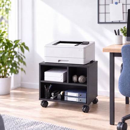 Mobile Printer Stand with Castors and 3 Compartments, Black