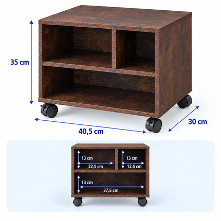 Mobile Printer Stand with Castors and 3 Compartments, Brown Wood Look