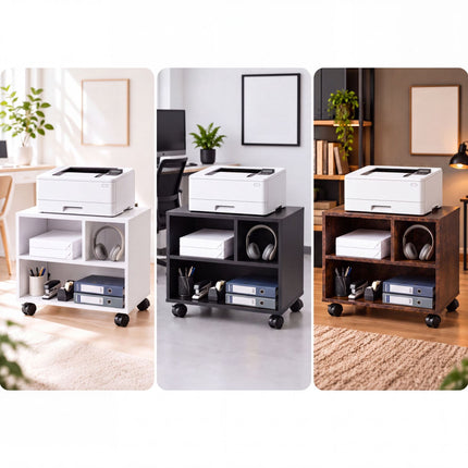 Mobile Printer Stand with Castors and 3 Compartments, Brown Wood Look