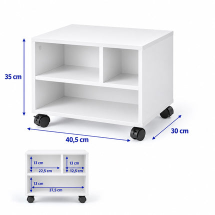 Mobile Printer Stand with Castors and 3 Compartments, White